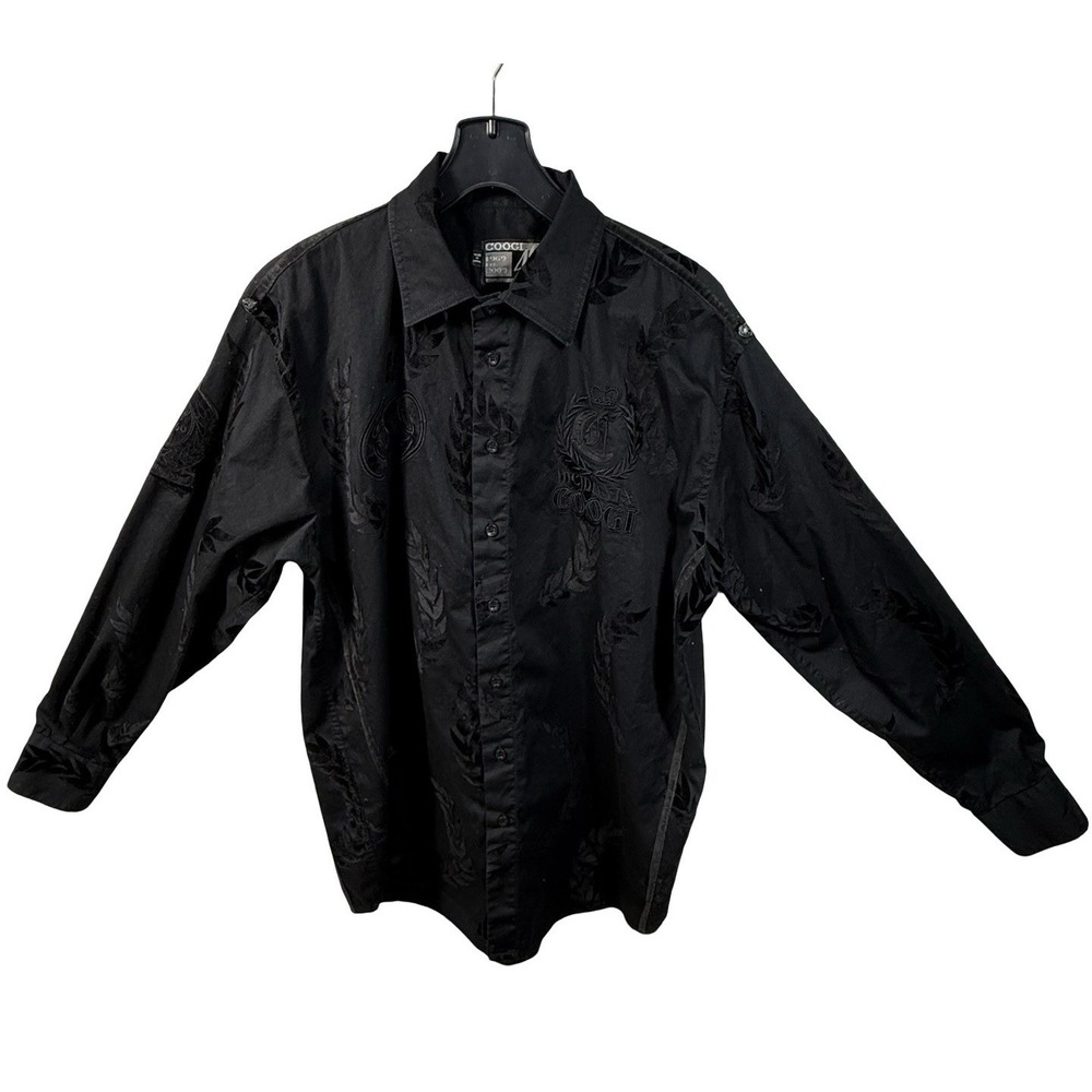 COOGI 69 Black Button Up Shirt Mens XL Tonal Satin Streetwear Y2K Club Night Out